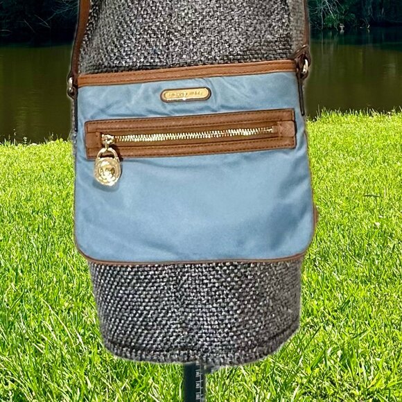 MICHAEL Michael Kors MK Kempton Powder Blue Nylon & Brown Leather Crossbody Bag - Picture 1 of 14